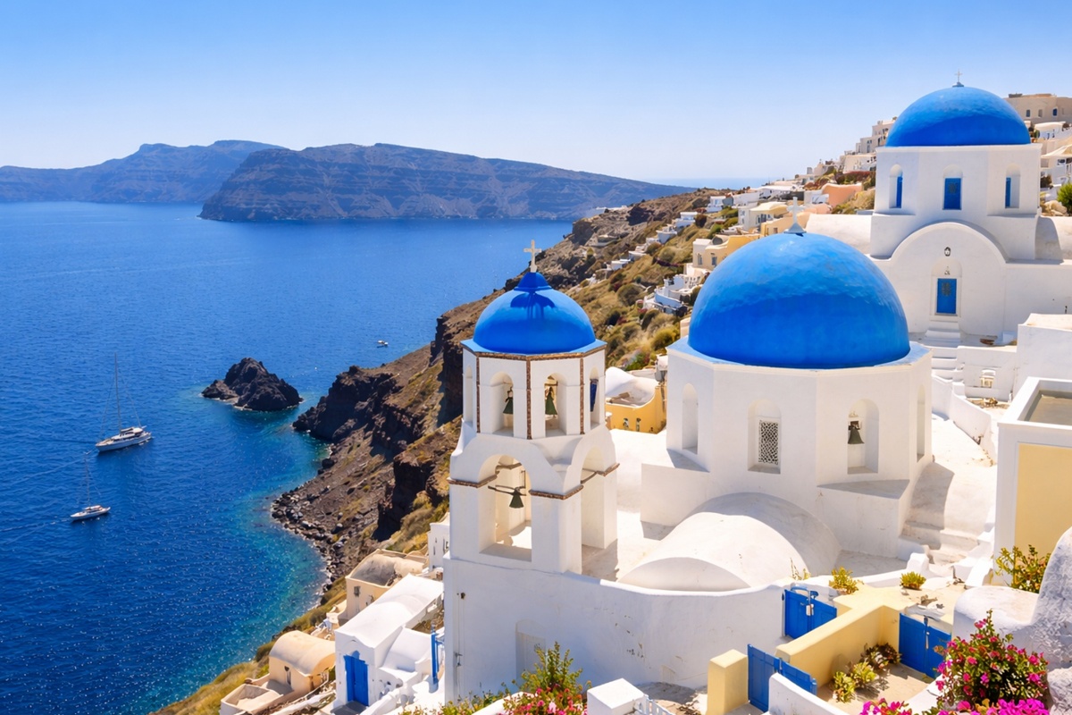 santorini excursion from crete blue domes caldera view